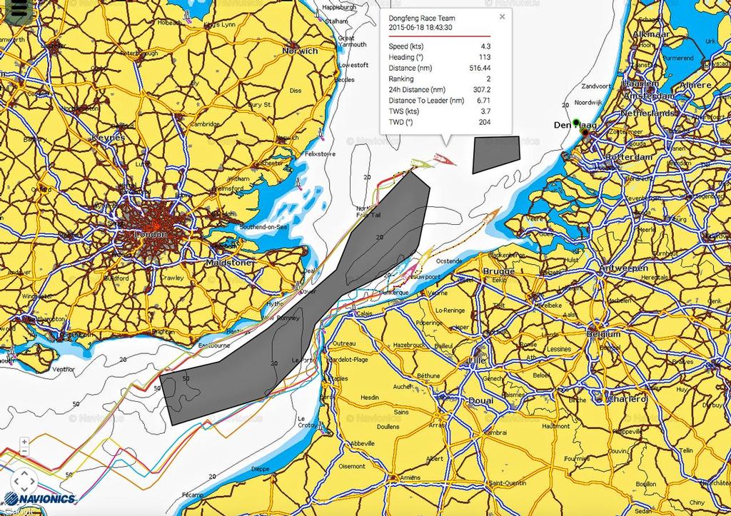 VOR Positions Day 3 2200hrs UTC 18 June - the English coast group try to cross the Channel and link up with the French coastal group as they head for the Stopover in The Hague (NED). © www.volodiaja.net/Tracking/